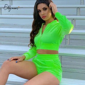 

OllyMurs Fashion Style Women Front Zipper Long Sleeves Tops and Casual Style Shorts Solid Green Women Suit Ladies Casual Clothes