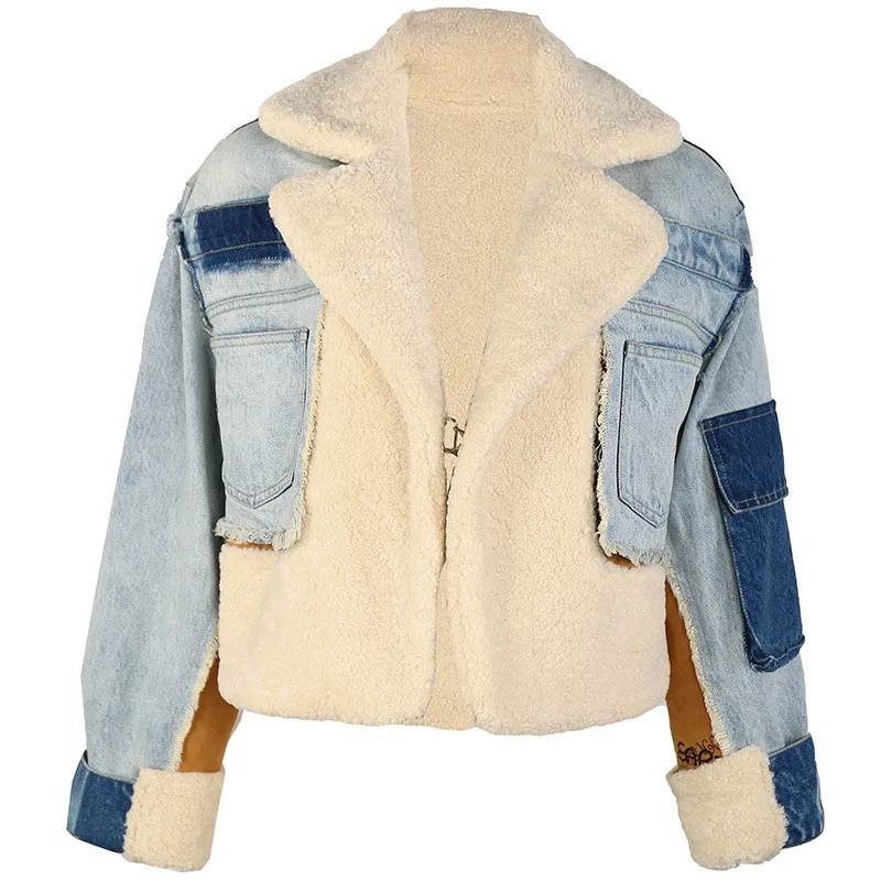 [DEAT] зимние женские модные трендовые новые модели Харадзюку из овечьей шерсти с отворотами утолщенная джинсовая куртка AI580