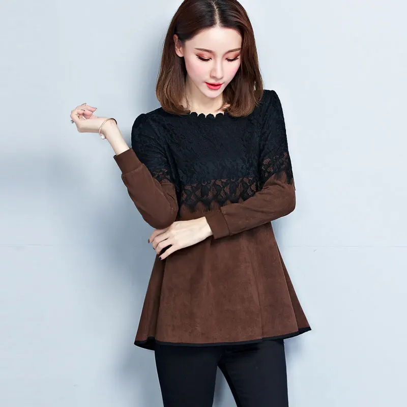 Brown (fleece) Зимние теплые бархатные велюровые флисовые Базовые Женские топы с баской, лоскутные черные кружевные открытые футболки из двух частей, футболки, туники o316 - Цвет: Brown (fleece)