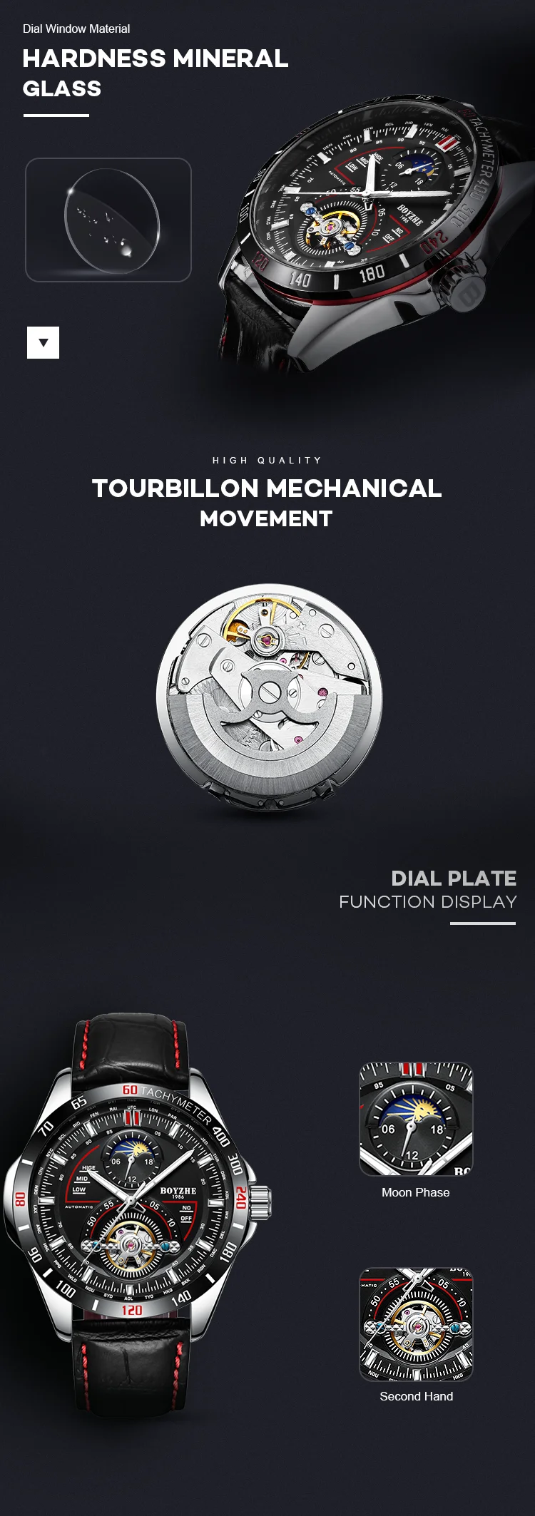 BOYZHE новые часы Tourbillon Мужские автоматические механические часы мужские деловые часы водонепроницаемые часы кожаный ремень светящаяся указка