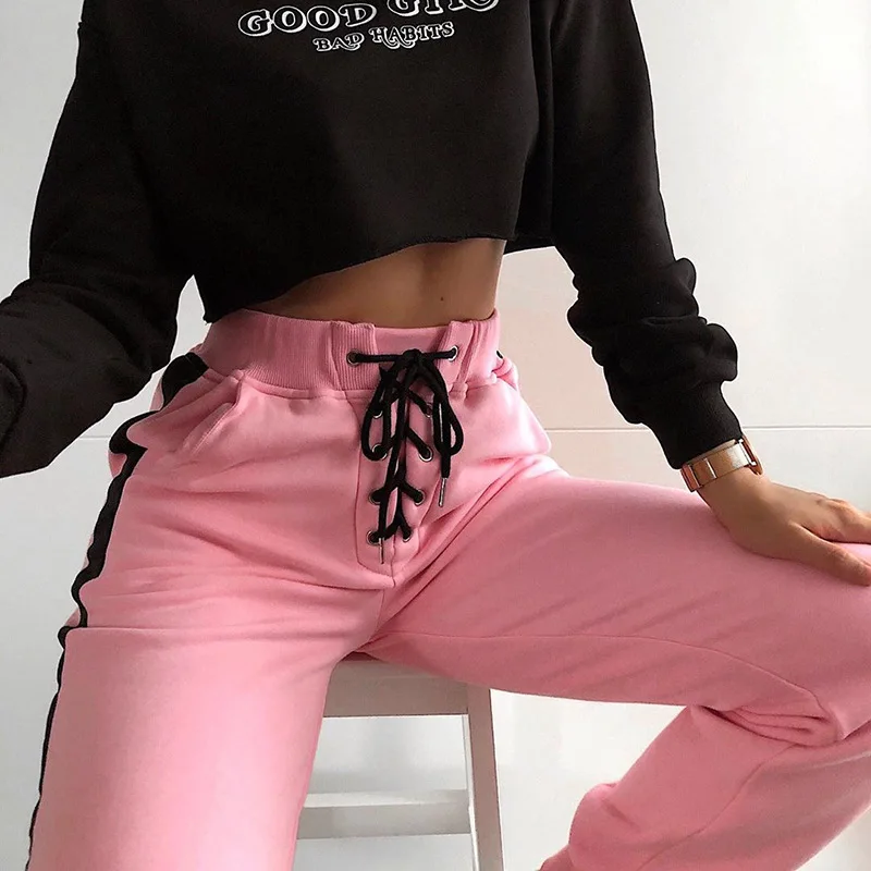 ArtSu Розовые Длинные повседневные брюки женские тренировочные брюки с высокой талией джоггеры черные полосатые зимние штаны уличная ASPA20235