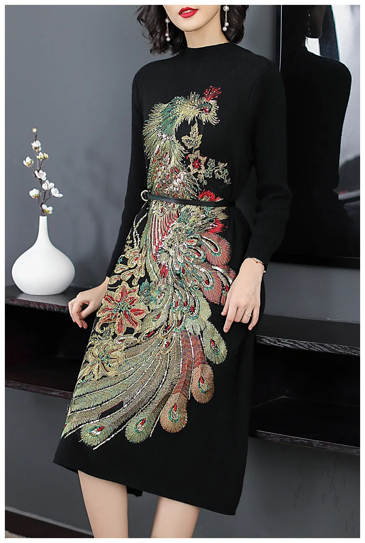 Высокое качество осенне-зимнее вязаное платье женское роскошное пхоникс вышивка длинный рукав до середины икры Длина теплый свитер платье