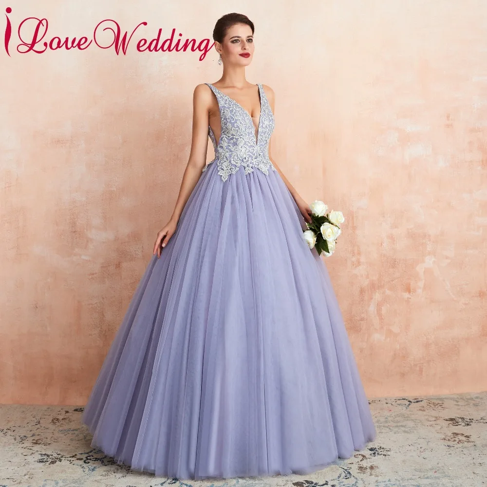 Robe de soiree торжественное платье сексуальное с v-образным вырезом кружева аппликация без рукавов сиреневый Тюль Бальные вечерние платья Длинные