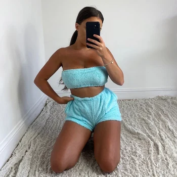

Women Two Piece Set Outfit Sexy Plush Solid Color Clothes Streetwear Solid Color Bandeau Top Elastic Waist Short Pajama Homewear