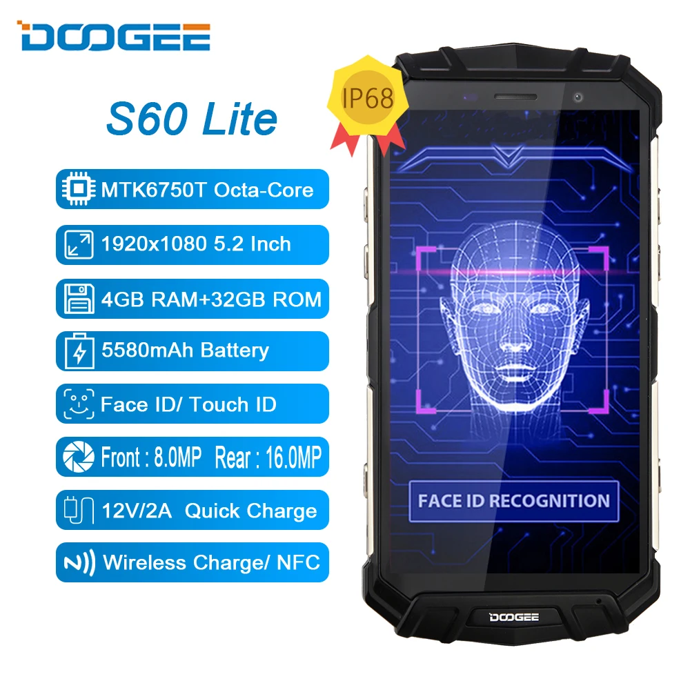 DOOGEE S60 Lite IP68 беспроводной зарядный смартфон 5580 мАч 12V2A Быстрая зарядка 16MP 5,2 ''FHD MTK6750T Восьмиядерный 4 ГБ 32 ГБ NFC телефон