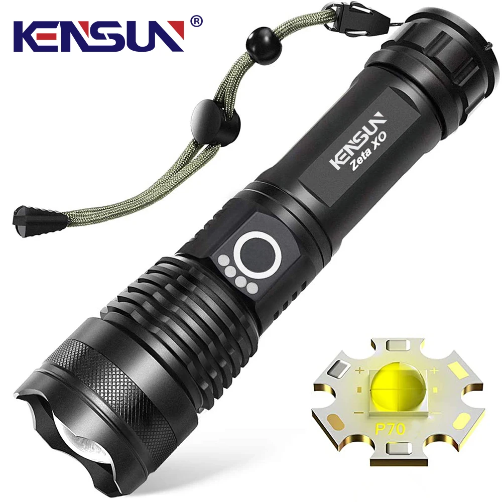 KENSUN torcia a Led ricaricabile ad alta potenza XHP70 4 Core Torch Zoom lanterna a mano Usb per campeggio, uso esterno e di emergenza muslimah