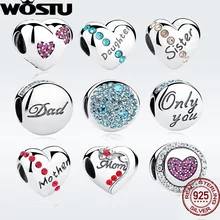 WOSTU, 925 пробы, одноцветные Серебряные Круглые бусины для любви, CZ, подходят к оригинальному браслету Pandora, подвески, Аутентичные DIY Ювелирные изделия DXC009