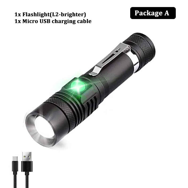 USB Перезаряжаемый светодиодный фонарь для велосипеда супер яркий 3 режима освещения фонарик Водонепроницаемый зум Аксессуары для велосипеда с помощью аккумулятора 18650 - Color: Package A(L2)