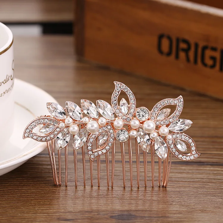 Le Liin Rose Gold Bridal CZ Hair Comb Bride Pearl Headpiece Alloy Crystal Barrette Wedding Hair Accessories Hair Jewelry