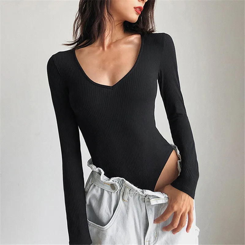 

JULISSA MO New Long Sleeve Rib Knitted Bodysuit Female 2020 Fall Winter Solid Casual Lady Jumpsuit Body Top For Women Bodysuits