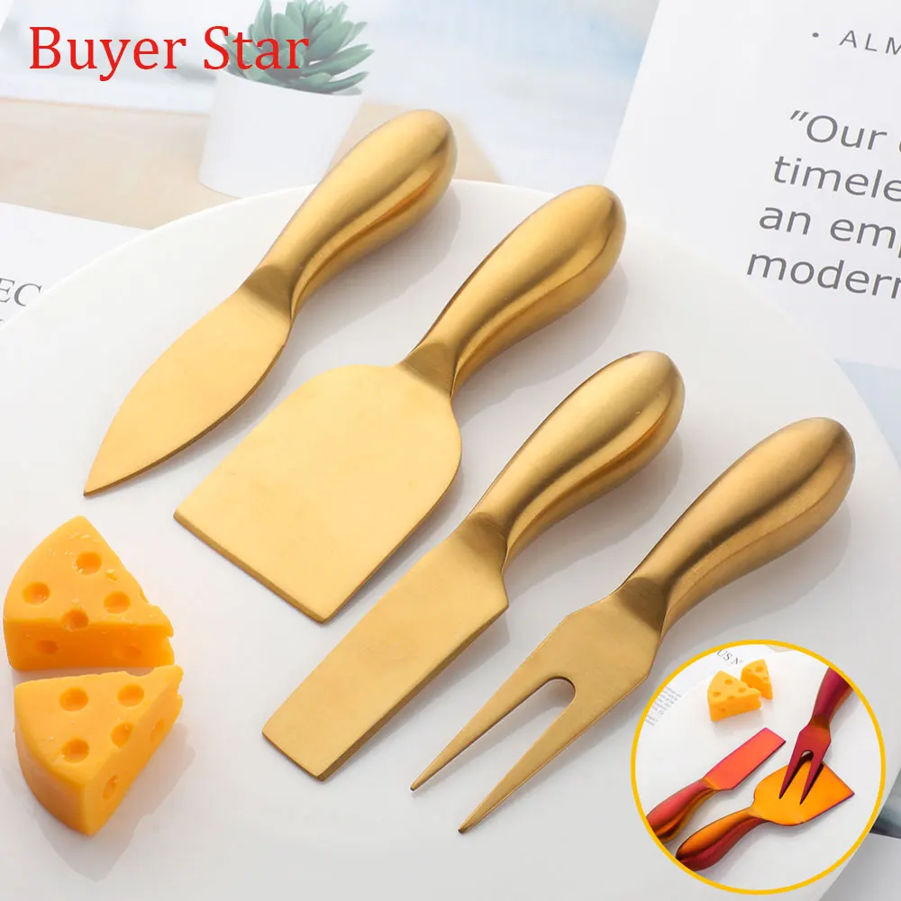 4Pcs/set Gold Cheese server set Stainless steel cutlery Butter Cutter knife table ware forks metal food cake shovel tool