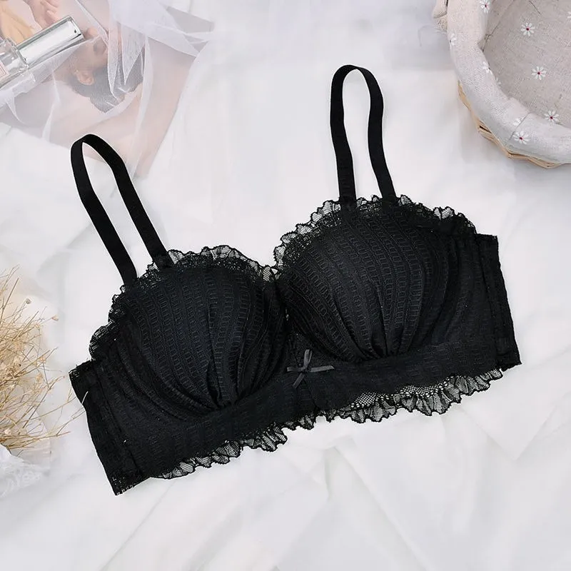 Women Lace Push Up Bra with Underwire Sexy Cute Bow Bralette Female Underwear Lingerie Adjustable Straps Gathered Brassiere