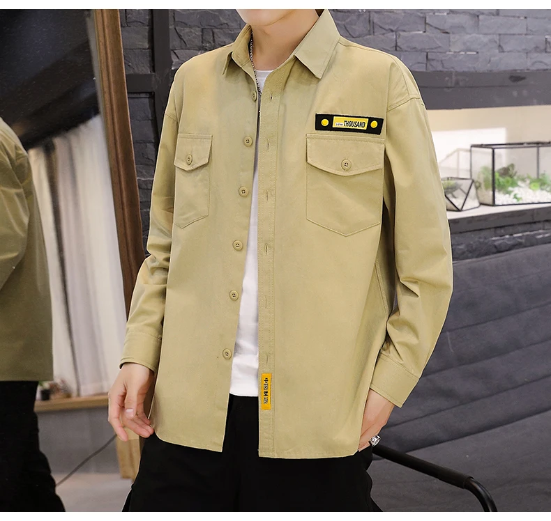 Модные мужские рубашки Slim Fit сплошной цвет Мужская рубашка двойной карман Осень черный зеленый хаки Мужская рубашка с длинными рукавами