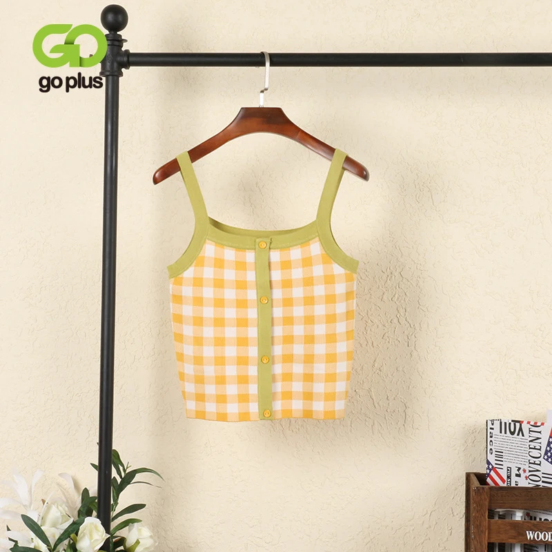 

GOPLUS Tops Women Summer Plaid Knitted Tank Top Sexy Knitwear Top Womens Clothing Haut Femme Bluzka Na Ramiaczkach Topjes Dames