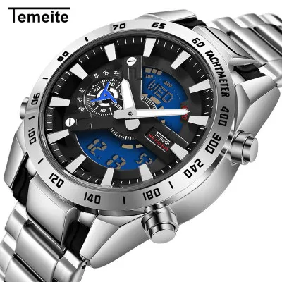 

Brand Men Watch Fashion Multifunctional TEMEITE Chronograph Calendar Luminous Waterproof Steel Watches for Mens Quart Watch Gift