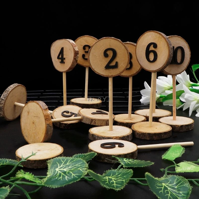 1-10 Rustic Wood Table Numbers Slices Stick Stand Base Seat Cards Decor Retro Wedding Party Supplies Party Direction Signs