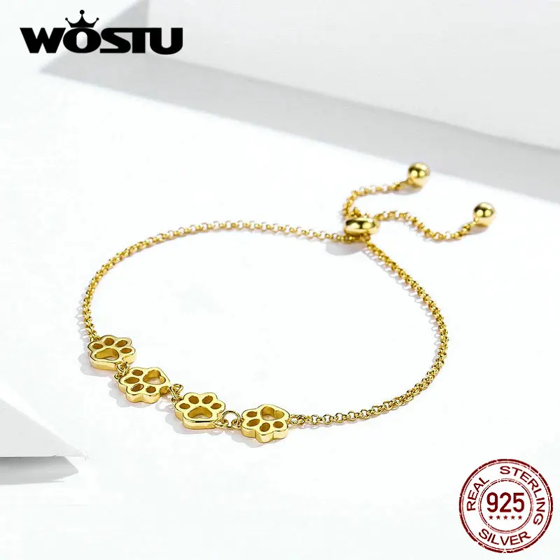WOSTU, настоящее 925 пробы, серебряные, золотые браслеты, лапа, тропа, собака, следа, животные, цепь и звено для женщин, модные ювелирные изделия, CQB096-B