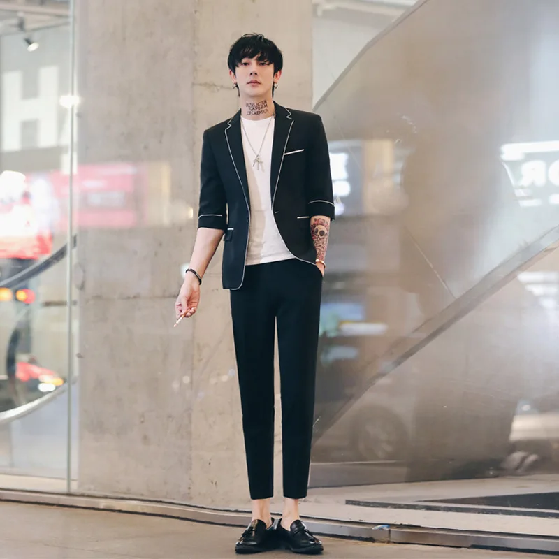 black Мужские костюмы Slim Fit, комплект из 2 предметов, костюм Homme, белый, черный, свадебные смокинги для жениха, мужской деловой костюм с коротким рукавом, Terno - Цвет: black