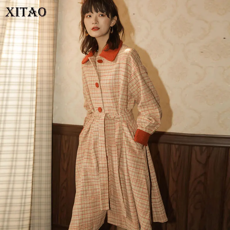 XITAO, клетчатое, свободное, плиссированное, смесь, модное, новое, женское, с одним нагрудным карманом, элегантное, маленькое, свежее, повседневное, ТРАПЕЦИЕВИДНОЕ, длинное пальто, XJ3112