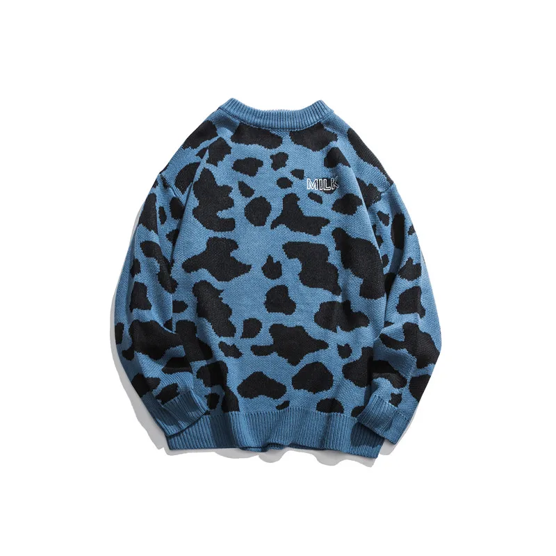 blue sweater Темный значок корова пятнистый Harajuku мужской свитер с круглым вырезом Свободный вязаный пуловер Свитера Пара одежды - Цвет: blue sweater