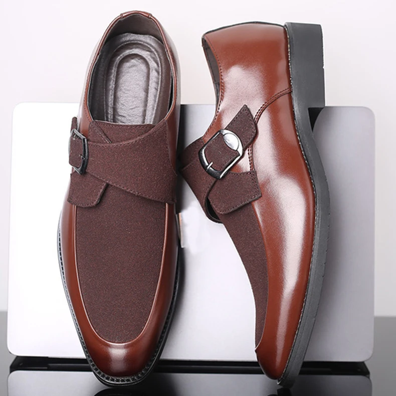 Мужская обувь; кожаные Нескользящие коричневые туфли из искусственной кожи с пряжкой; большие размеры 45-48; мужские классические Лоскутные резиновые вечерние туфли для мужчин
