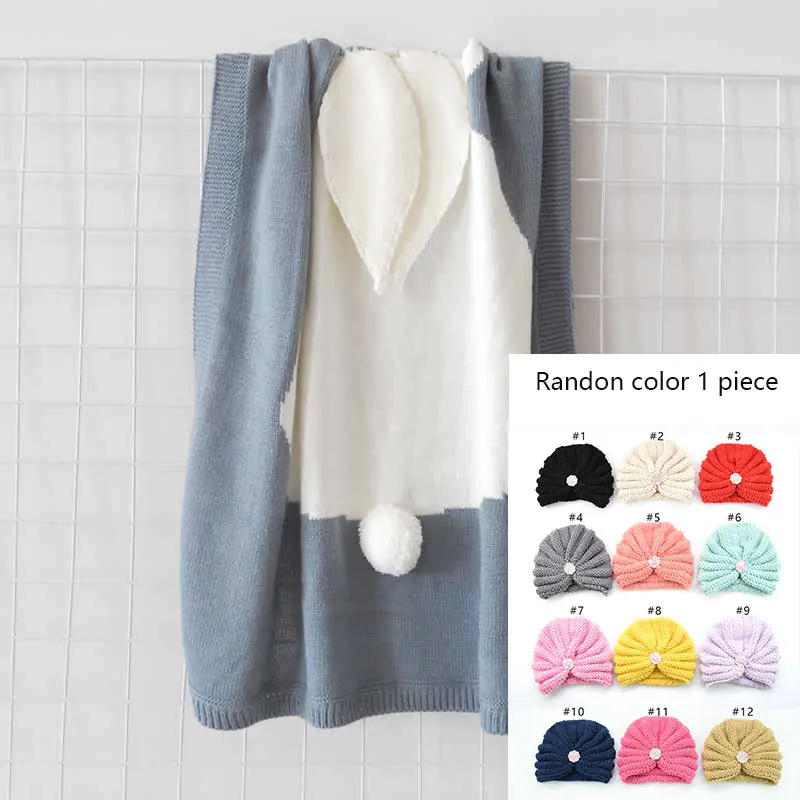 blue and hat Серое трикотажное одеяло с мультяшными заячьими ушками для малышей, Детское покрывало, вязаная повязка для волос, детские наушники, зимняя теплая шапка для младенца, комплект - Цвет: blue and hat