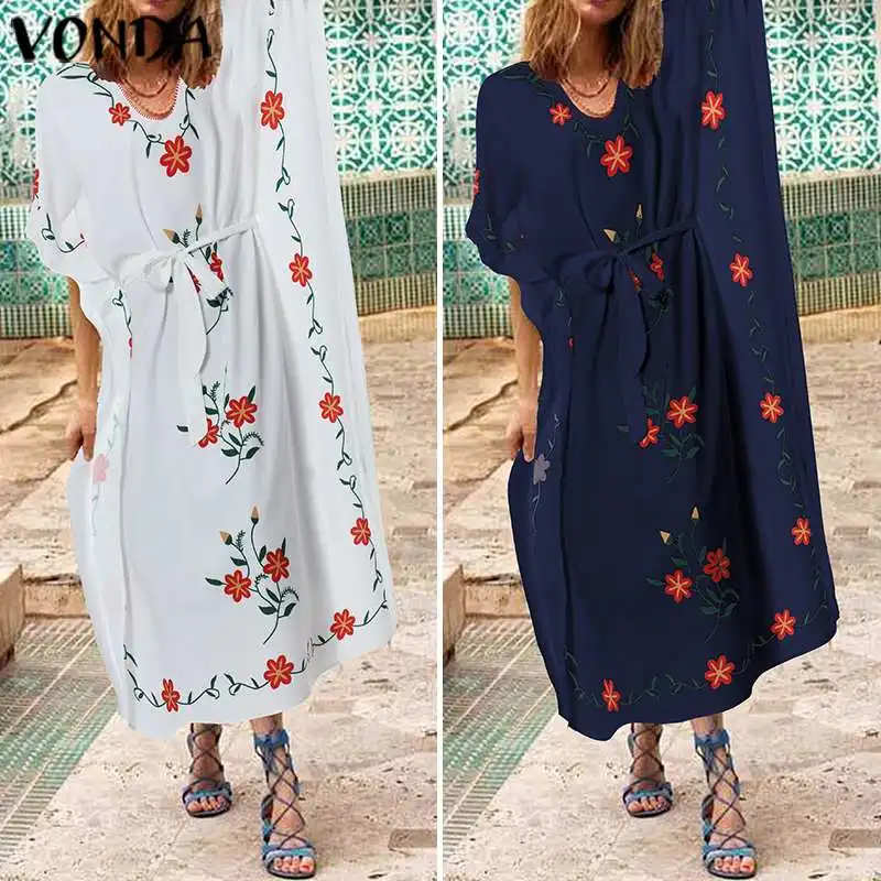 VONDA/платье для беременных, винтажное платье с v-образным вырезом, 3/4 рукав, макси с принтом, платья весна-лето, богемное длинное платье, пикантная Женская одежда для вечеринки
