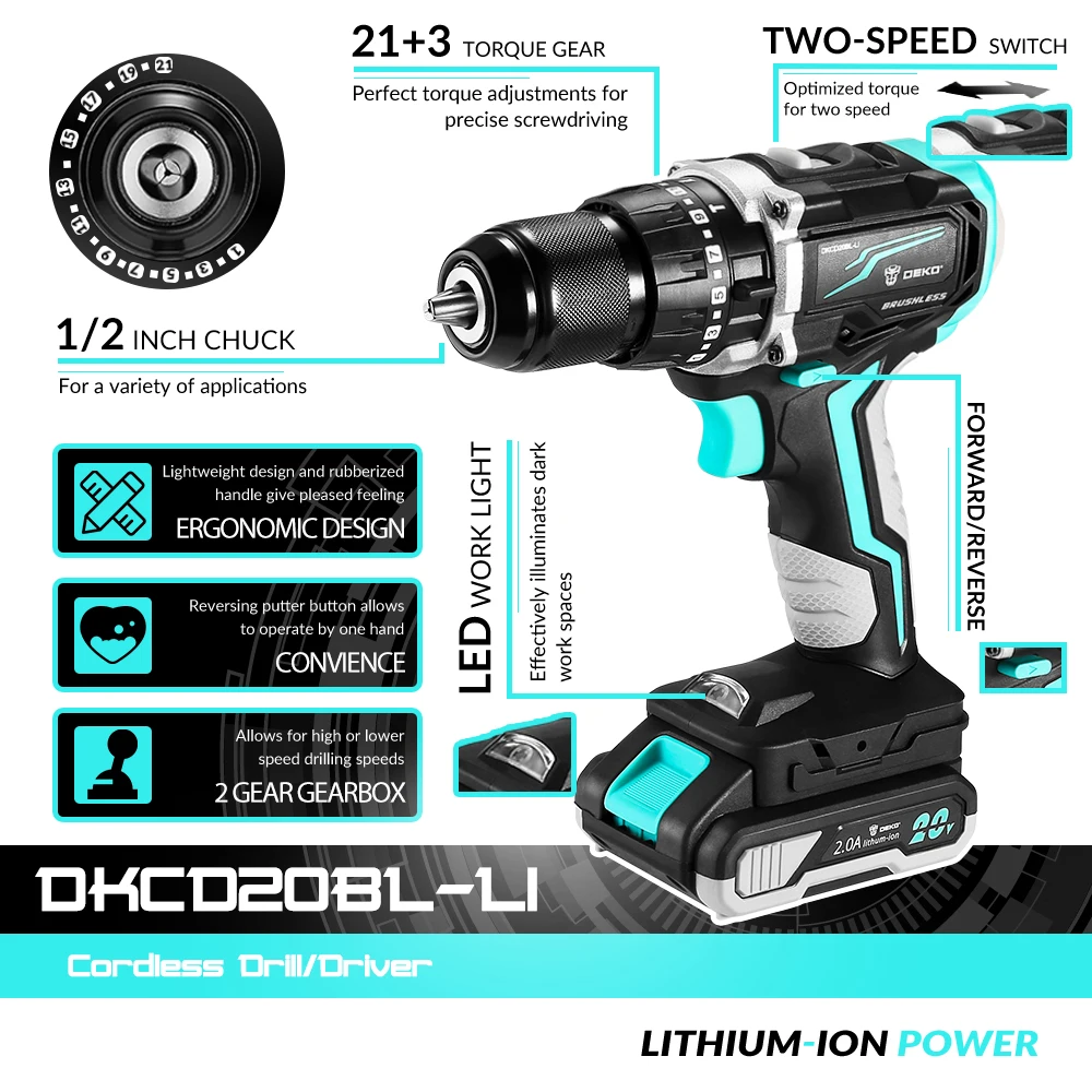 DEKO DKCD20BL LI 20V Беспроводная бесщеточная перфоратор Ударная дрель с 2 скоростной