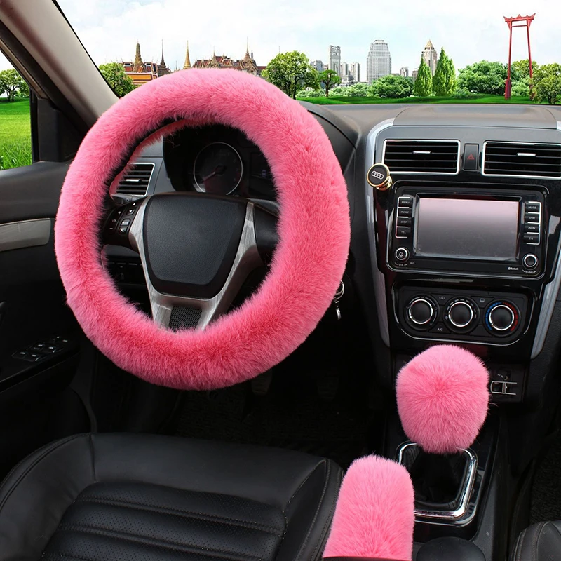 Deluxe Plush Winter Car Steering and Gear Cover Set - Luxuriously Soft and Warm