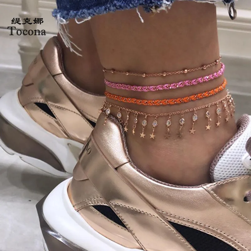 

Tocona 4pcs/sets Bohemian Rope Foot Chain Barefoot Sandals Star Tassel Anklets for Women Beach Jewelry Accessories 8497