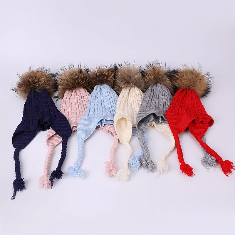 Детские шапки с помпоном, женские детские шапки, вязаные шапки Skullies, осенне-зимняя теплая вязаная шапка, чистый цвет, натуральный мех енота