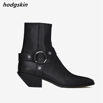 

Cool Black Brown Leather Cross-tied Buckles Women Ankle Boots Mid Spikes Heels Side Zipper Autumn Shoes Woman