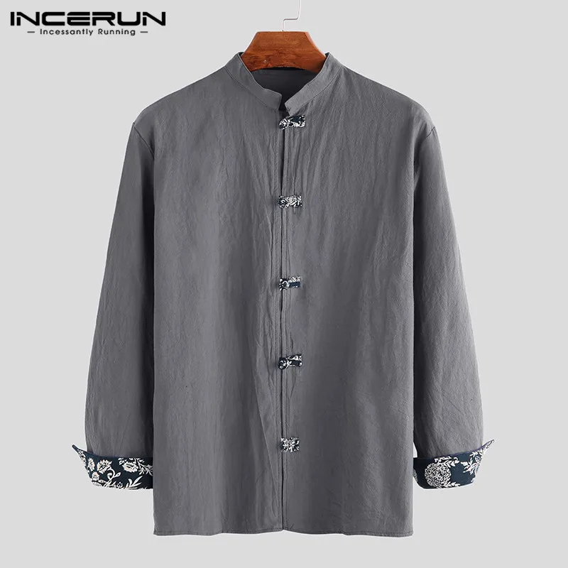 INCERUN, Ретро стиль, мужская рубашка, хлопок, длинный рукав, однотонный, мандарин, воротник,, уличная одежда, блузка, Китайская традиционная, повседневная, мужская рубашка - Цвет: Gray Shirt