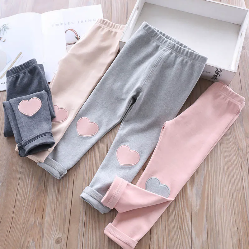 

325880 0105 Spring 4 Colors Girls Elastic Waist Heart Applique Knee Casual Leggings Crawler