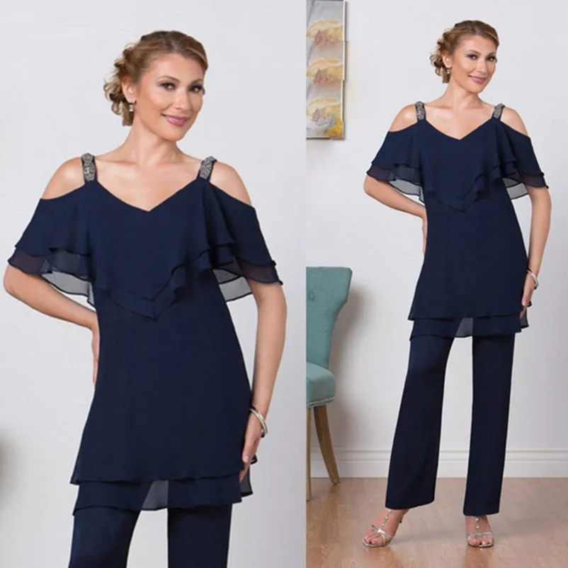 

Mother of the Bride Dresses Dark Navy Pantsuits Beaded Straps Chiffon two Pieces Mother of Groom Gown Formal vestidos de Farsali