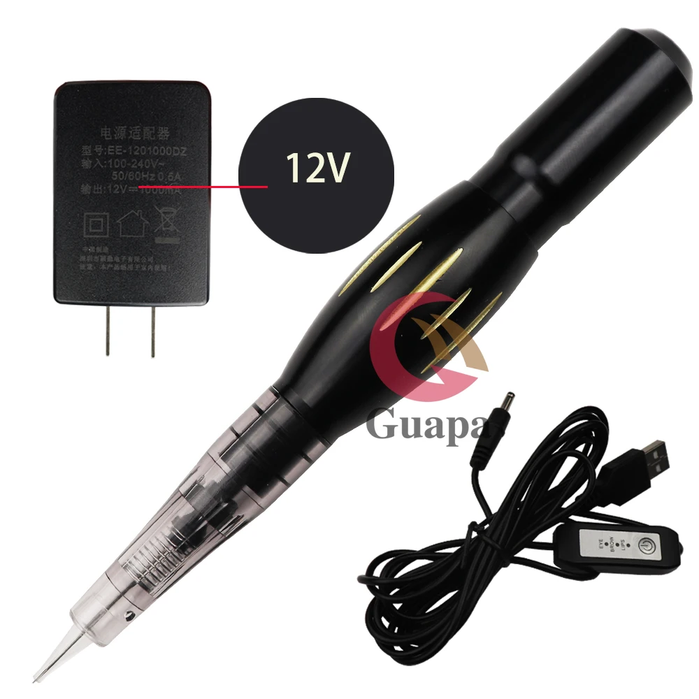 Black in US PLUG 12V Мини ручка для перманентного макияжа maquillaje Профессиональный микропигментации машины для бровей губ эффект татуажа с 20 штук иглы - Цвет: Black in US PLUG
