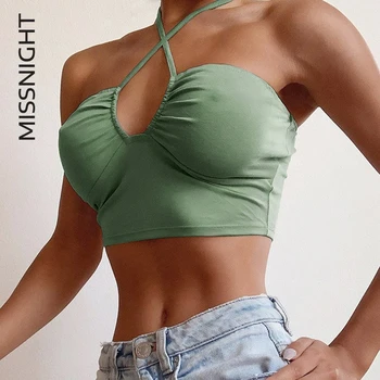 

Missnight Sexy Halter Bandage Women Crop Top Lace Up Halter Solid Black White Green Mujer Club Party Top Streetwear Beach Outfit