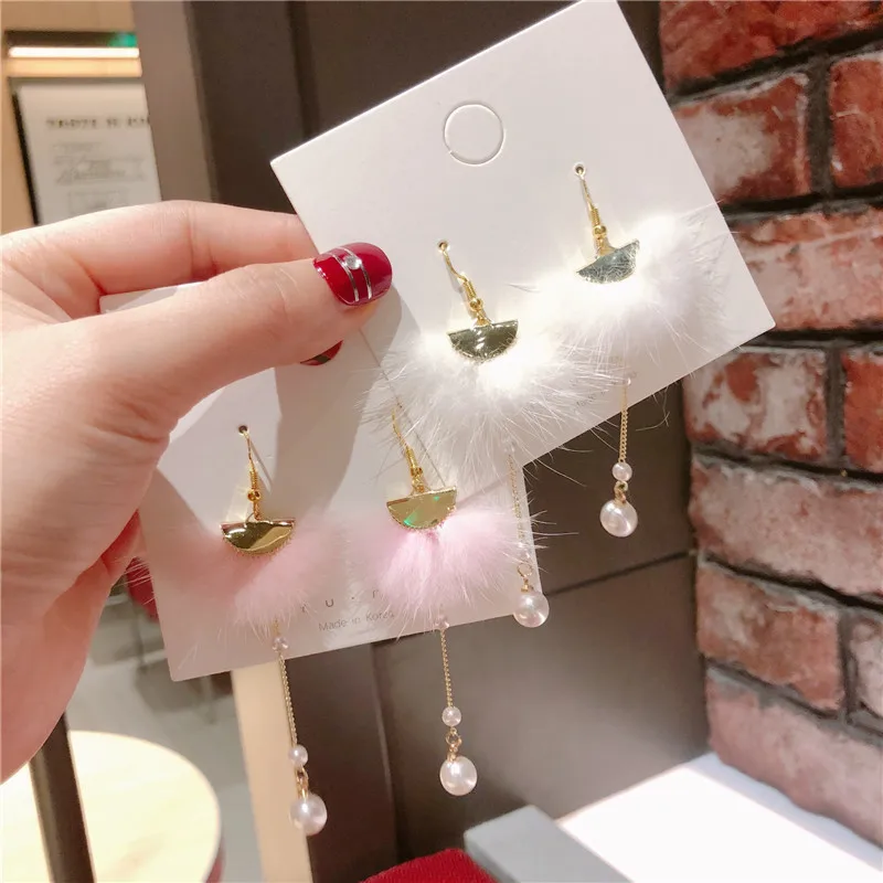 

Korea Style Imitated Pearl Mink Hair Long Autumn Simple Silver Needle Drop Earrings for Girl Women Fashion Jewelry Accessories
