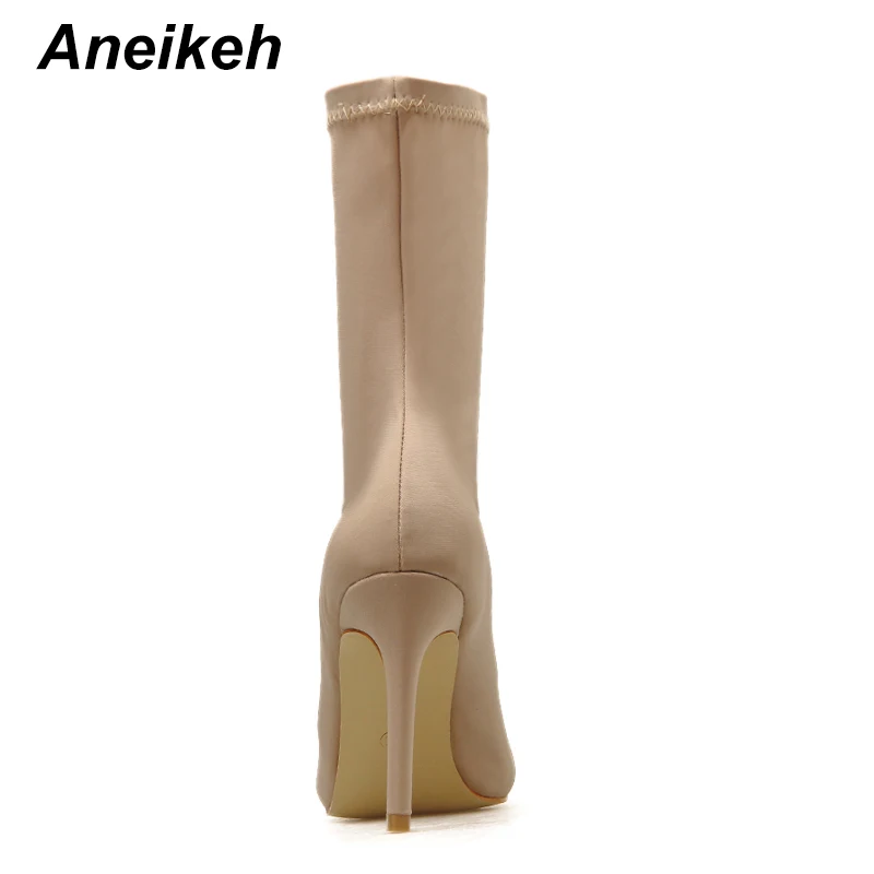 Aneikeh/модные ботинки из эластичной ткани женские пикантные туфли-лодочки на высоком тонком каблуке с острым носком без шнуровки для ночного клуба Ботинки «Челси»