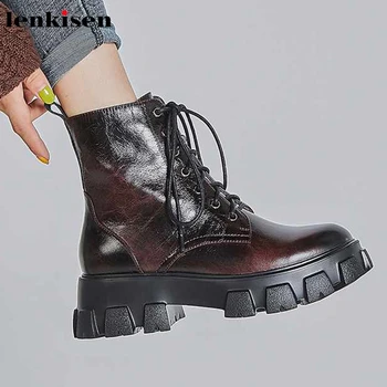 

Lenkisen genuine leather lace up leisure style daily wear round toe high heels platform winter warm women punk ankle boots L3f8
