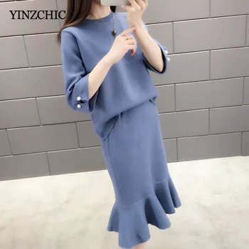 

Fashion Woman Knitted Suits Solid New Autumn Sweater Skirt Sets Loose Knit Pull Mermaid Skirts Suits for Woman Winter