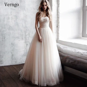 

Verngo Simple Light Champagne Tulle 2021 Wedding Dress With Ivory Lace Applique Sweetheart Boho Beach Bridal Gowns Corset Back