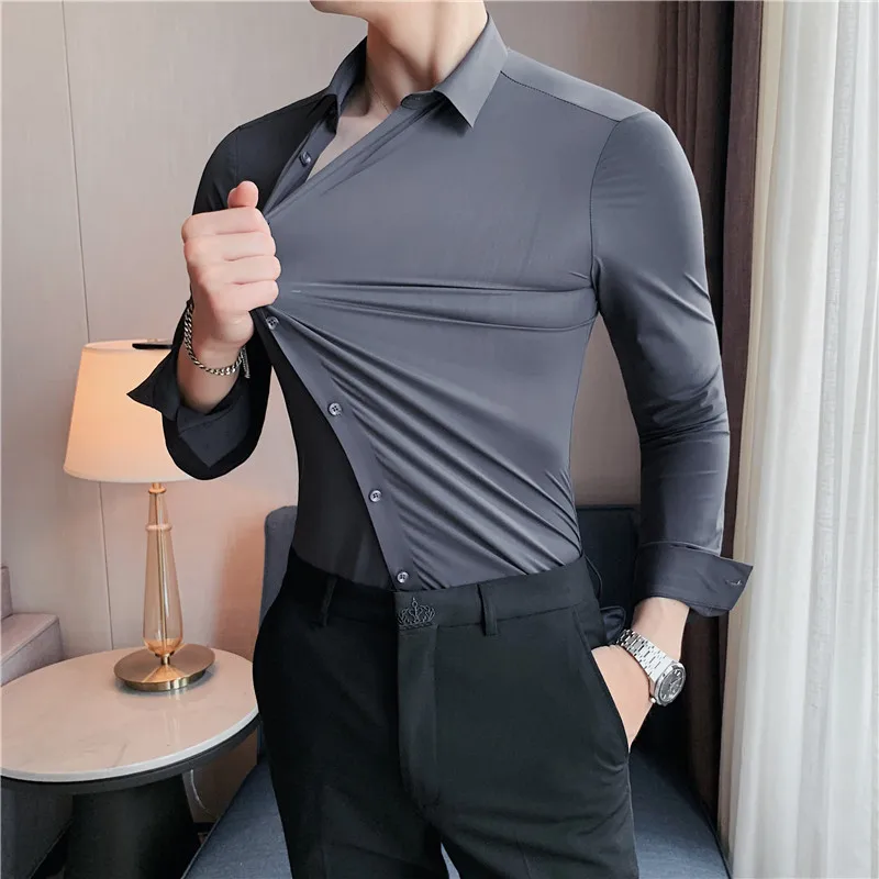 High Elasticity Seamless Men's Shirt Long Sleeve Slim Casual Shirt Solid Color Business Formal Dress Shirts Social Party Blouse