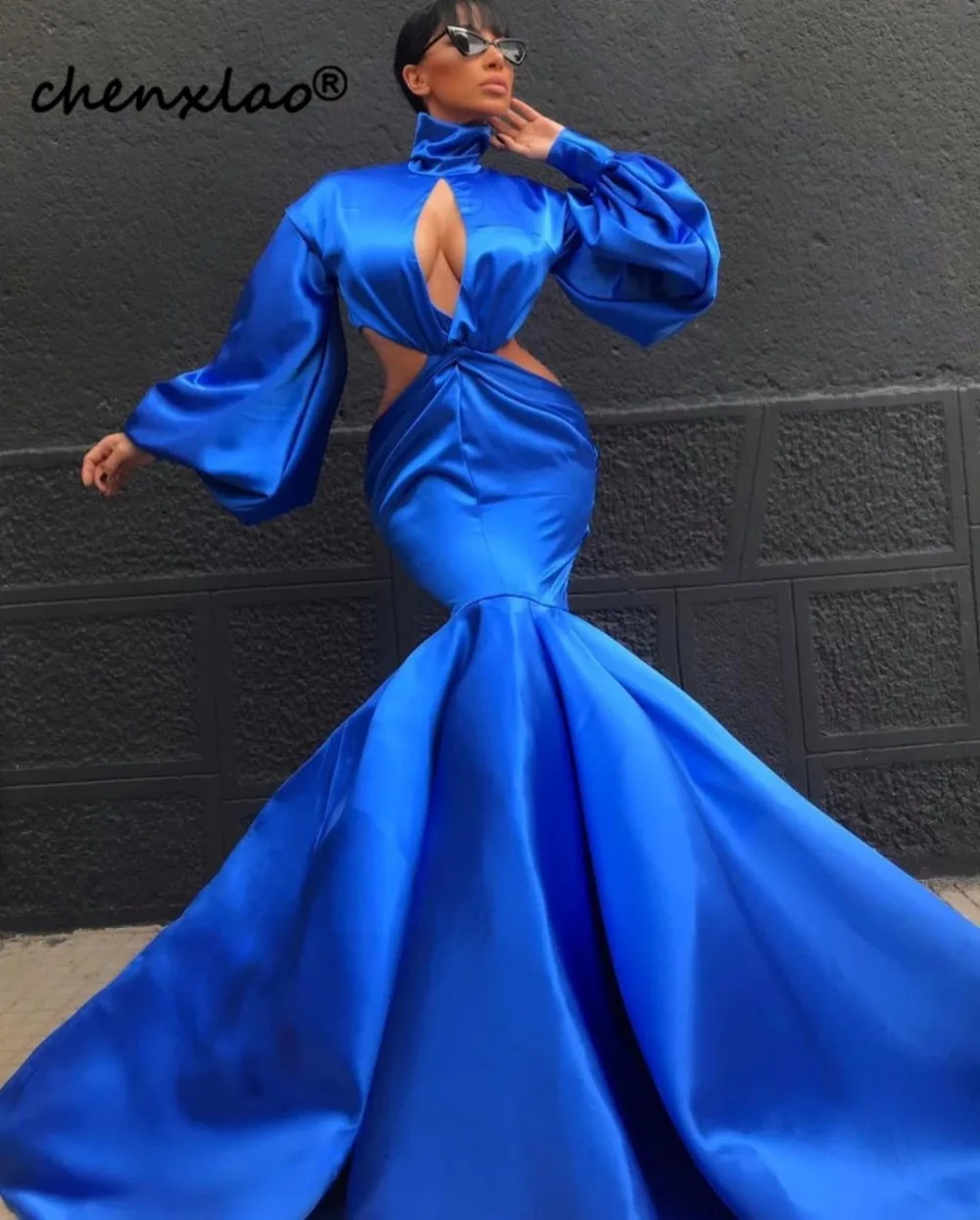 Blue Evening Dresses Long High Colloar Full Sleeve Floor Length Formal Party Gowns Evening Dress vestido de festa longo