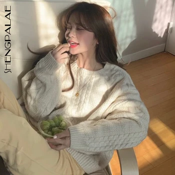 

SHENGPALAE 2020 Korean Chic Autumn Women's Round Neck Knit Pullover Large Size Warm Long Sleeve Linen Pattern Sweater ZT1411