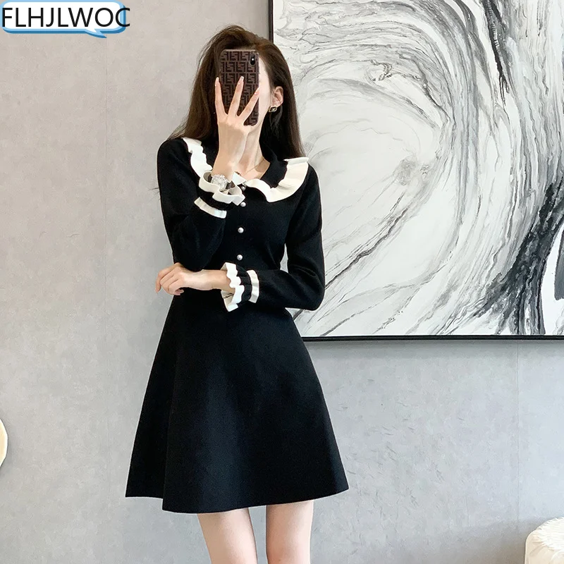 Peter Pan Collar Ruffles Little Black Sweater Dress Cute Sweet Girls Solid  Date Party Women Design Knitted Feminine Vestidos - Dresses - AliExpress