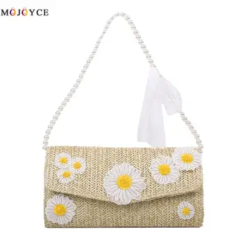 

Youth Ladies Simple Versatile Bag Women Daisy Flower Handbag Purse Girl Straw Weave Beach Pearl Totes Shoulder Bag