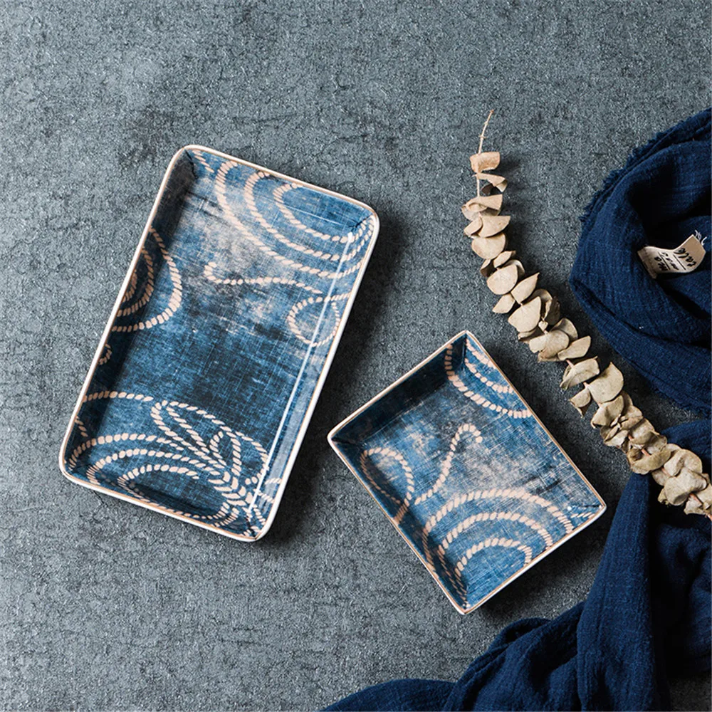 

Nordic Storage Trays Vintage Blue Jewelry Trays Simple Office Desk Ceramics Organizer Plate Elegant Tea Dessert Fruit Dish