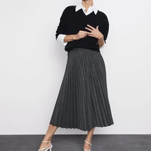 ZA Осень Зима Высокая талия юбка женская одежда Новая мода длинные плиссированные юбки темперамент свободные дикие сплошной цвет юбка