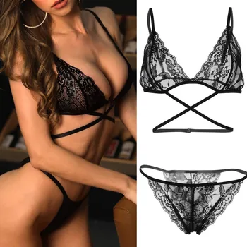 

Sexy Lingerie Women's Underwear Set See Through Bandage Push Up Bra Lingerie Set Sexy Lace Underwear Bra and Panty Set Wholesale